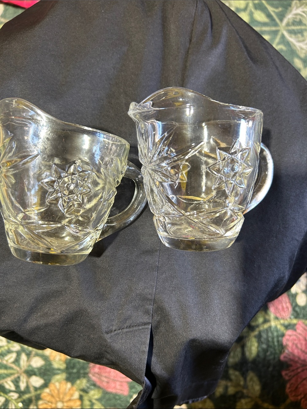 Clear Glass Creamer and Sugar Set with Starburst Embossed Design